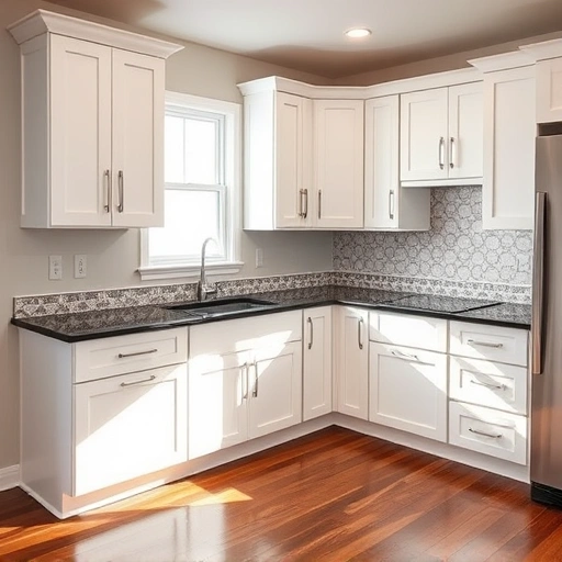 Stunning kitchen in Melissa, TX with white cabinets, dark granite countertops, and elegant hardware, showcasing modern design.