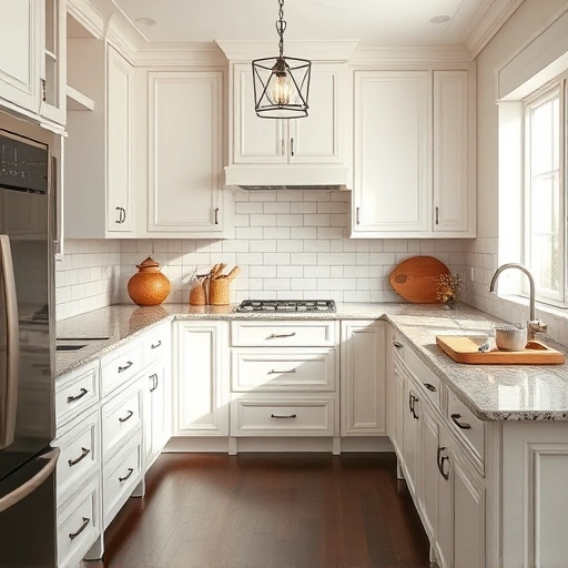 Stunning kitchen in Lavon TX with freshly painted white cabinets, polished granite, and elegant wooden accents.