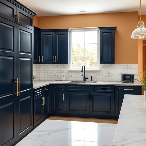 Beautifully transformed kitchen with deep navy blue cabinets, white marble countertop, and natural light accents.