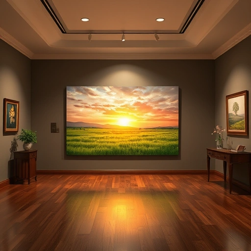 Vibrant landscape painting of a serene sunset over a green field in a refined gallery setting.