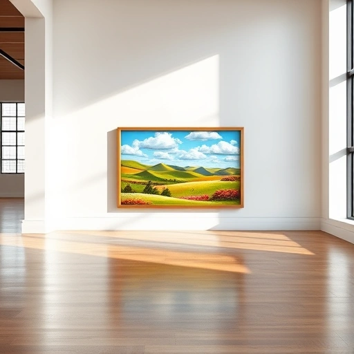 Vibrant painting of Mesquite TX landscape in modern gallery with polished hardwood floor and natural light.