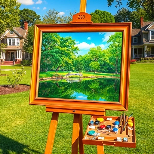 Completed painting of Highland Park landscape on easel, featuring vibrant colors, pond, and charming homes.