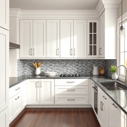 Stunning kitchen in Murphy TX with freshly painted soft white cabinets, dark granite countertop, and chic mosaic backsplash.