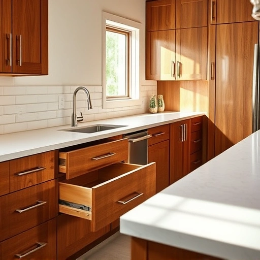 Soft close drawer slide installation in a modern kitchen with custom cabinetry and elegant quartz countertops.