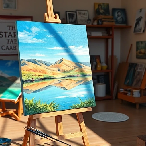 Completed painting in Mesquite TX features vibrant colors, serene landscape, and an organized art studio setting.