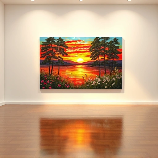 Completed painting in McKinney TX, vibrant sunset lake scene with wildflowers and trees in a minimalist gallery.