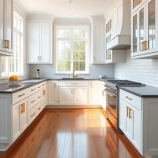 Completed cabinet painting project in Melissa TX featuring glossy white cabinets, gold hardware, and dark granite countertops.