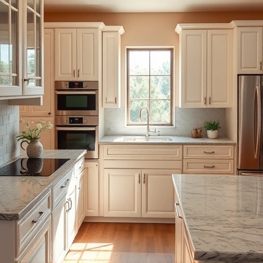 Modern kitchen in Heath TX with elegantly painted cabinets, quartz countertops, and stainless steel appliances.