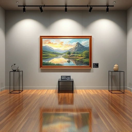 Vibrant landscape painting in modern gallery with soft gray walls and polished wood floors in The Colony TX.