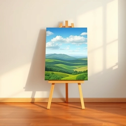 Vibrant landscape painting in Prosper TX featuring rolling hills, greenery, blue sky, and modern decor.