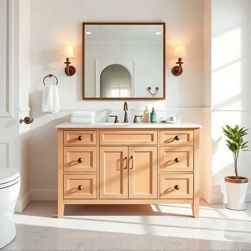 Refinished bathroom vanity in Garland TX with glossy paint, modern hardware, and serene decor for a tranquil ambiance.