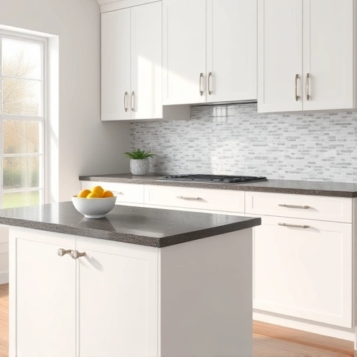 Modern kitchen in Dallas with glossy white cabinets, brushed nickel hardware, dark granite countertop, and mosaic backsplash.