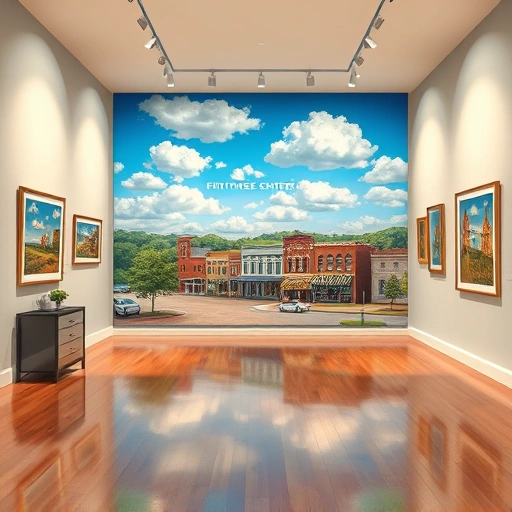 Vibrant landscape painting of Frisco Heritage Center in a modern gallery with polished floors and soft lighting.