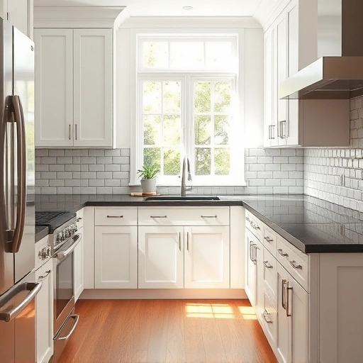 Beautifully transformed kitchen in Anna, TX with matte white cabinets, dark granite counters, and warm wood flooring.