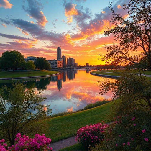 Serene landscape of Garland TX showcasing parks, Lake Ray Hubbard at sunset, and charming local architecture.