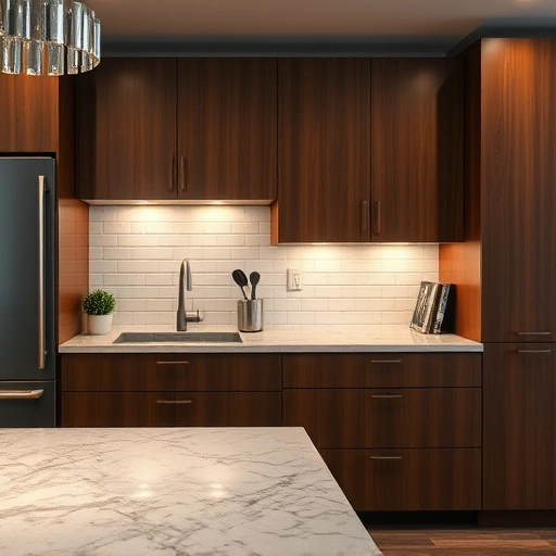 Under cabinet lighting illuminates dark wood cabinetry and polished granite in a stylish Garland TX kitchen.