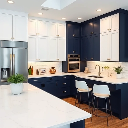 Modern kitchen in Frisco TX featuring navy and white cabinetry with brass accents and quartz countertops.