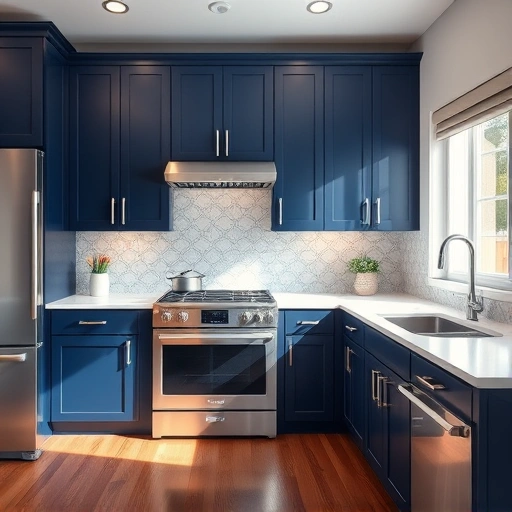 Kitchen transformation in Garland, TX featuring navy blue cabinets, white countertops, and modern stainless steel appliances.