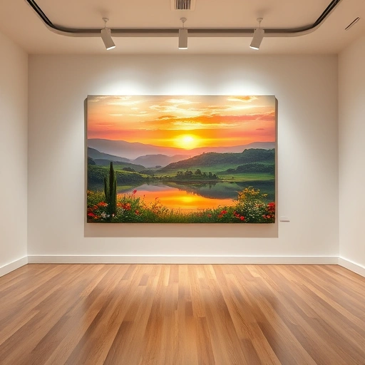 Completed painting in Coppell TX, vibrant sunset over lake, lush hills, showcased in elegant art gallery.