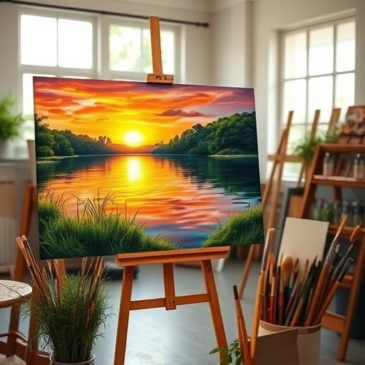 Completed landscape painting in Irving TX featuring sunset over a lake with lush greenery in a bright art studio.