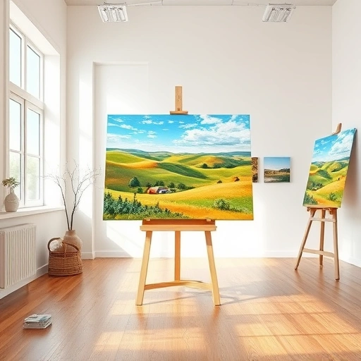 Completed painting of a vibrant landscape in Fate TX with rolling hills and clear blue sky in a well-lit studio.