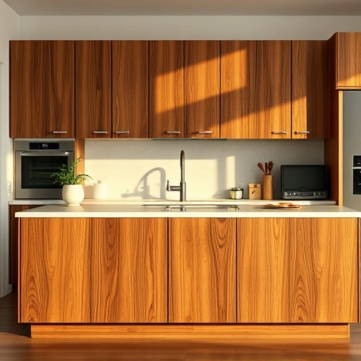 Beautifully finished wooden cabinet with glossy surface in modern kitchen setting, highlighting rich wood grain and decor.