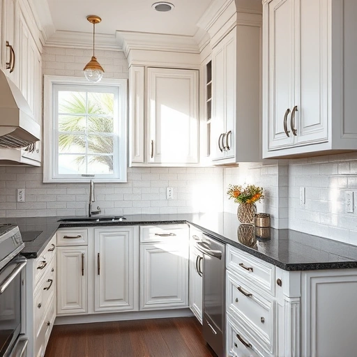 Beautiful kitchen in University Park TX with white cabinets, dark granite countertops, and modern subway tile backsplash.