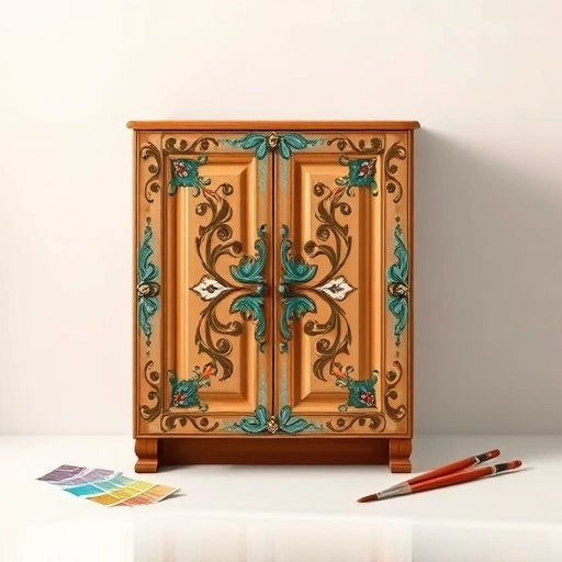 Beautifully painted cabinet in Garland TX with vibrant colors and intricate designs, showcasing expert craftsmanship.