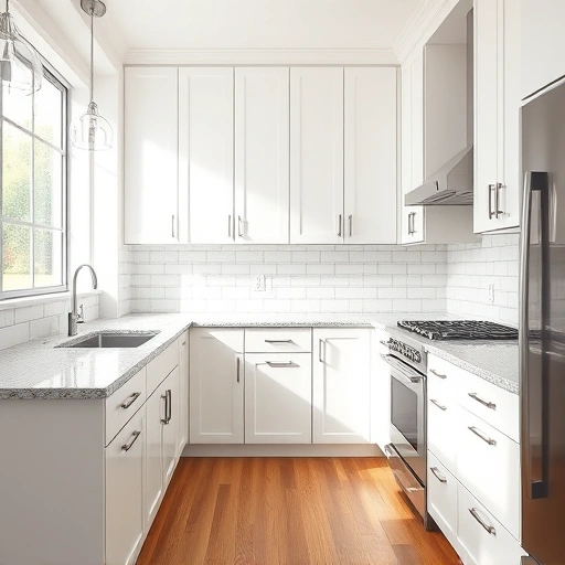 Modern kitchen in Plano TX featuring freshly painted white cabinets, granite countertops, and stylish subway tile backsplash.