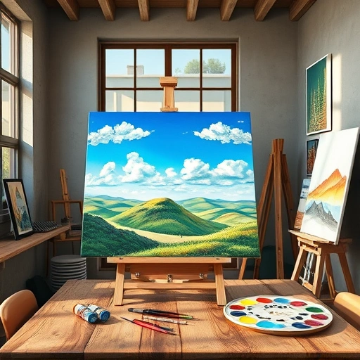 Completed painting in Celina TX depicting a serene landscape with vibrant colors in a professional studio setting.