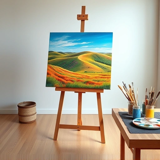 Completed painting in Richardson TX features vibrant colors, serene landscape, and a minimalist studio setting.