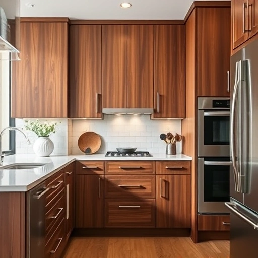 Modern kitchen with custom cabinetry and rich wood textures highlighting crafted drawer front replacements in Garland TX.