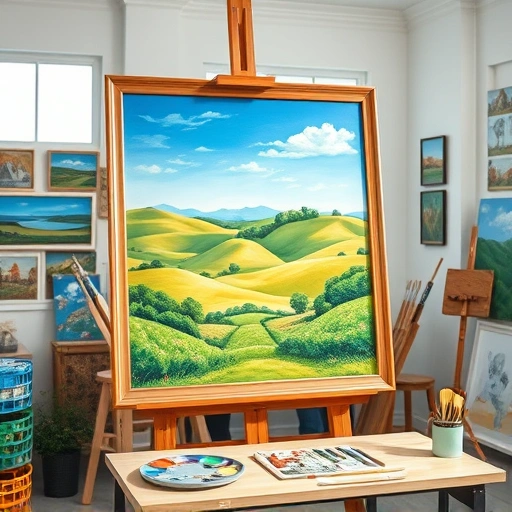 A completed painting in an art studio in Anna TX features vibrant colors of a serene countryside landscape.