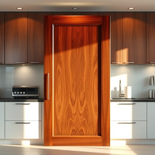 Completed cabinet door painting in Garland TX showcasing glossy surface and modern kitchen design elements.