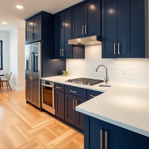 Modern kitchen in Garland TX with navy blue cabinets, white quartz countertop, stainless steel handles, and oak flooring.