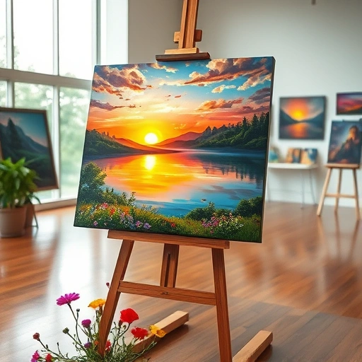 Vibrant landscape painting of a sunset over a lake in a bright modern studio with polished wood floors.