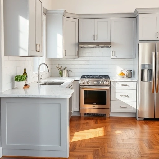 Modern kitchen in Garland TX featuring light gray cabinets with silver hardware and white marble countertop.