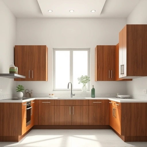 Glossy cabinets with a clear coat finish in a modern kitchen, showcasing wood grain and natural light reflections.