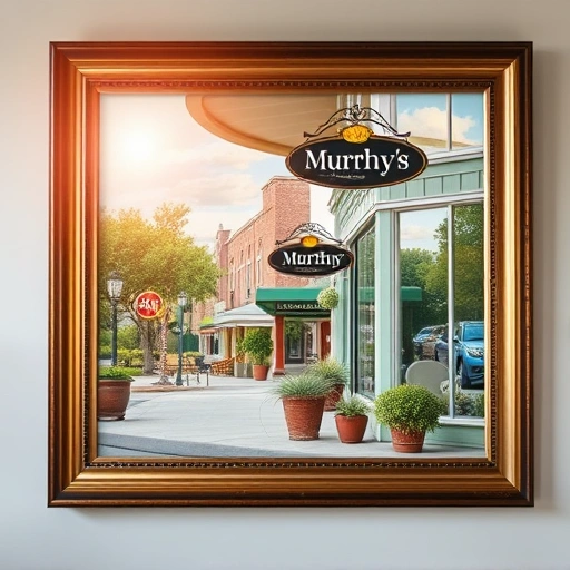 Completed painting of Murphy TX showcasing vibrant town architecture, greenery, and warm sunlight illuminating the scene.