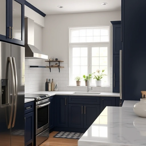 Beautifully painted kitchen cabinets in navy blue and white accents, showcasing fine craftsmanship and modern décor.