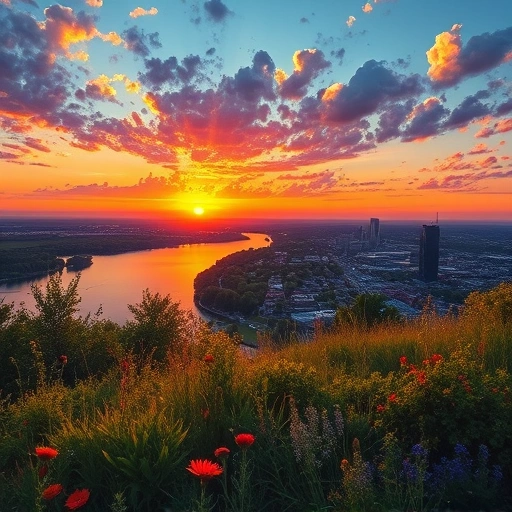 Serene sunset over Lake Ray Hubbard in Garland TX with vibrant colors, greenery, and historic downtown buildings.