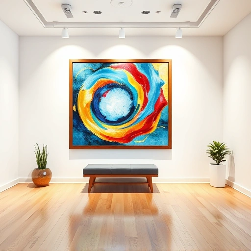 Vibrant abstract painting in a modern Plano gallery with polished wood frame, spotlights, and minimal decor.