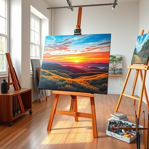 Completed painting of a serene landscape with sunset in a well-lit Royse City studio featuring organized art supplies.
