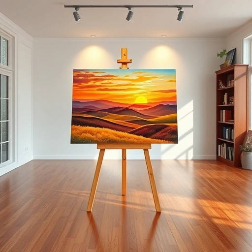 Completed painting in a modern gallery in Melissa TX, showcasing vibrant colors and serene landscape details.