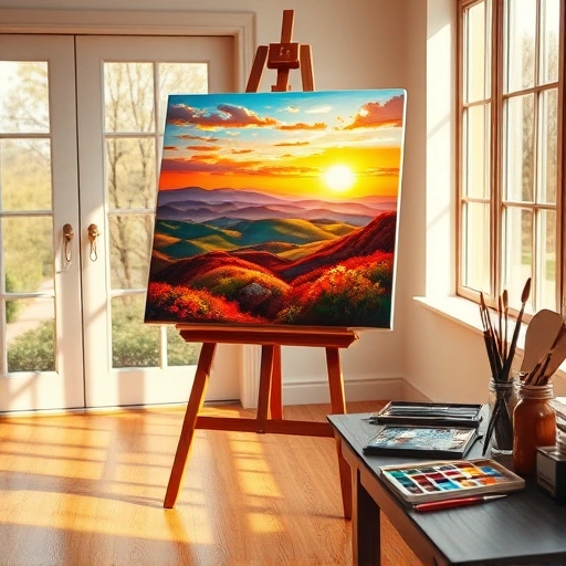Completed landscape painting in Coppell TX, featuring vibrant colors, sunset, and a cozy studio setting.