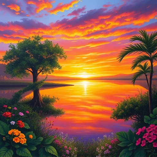 Vibrant sunset over a serene lake in Garland, TX with lush trees and colorful wildflowers reflecting in the water.