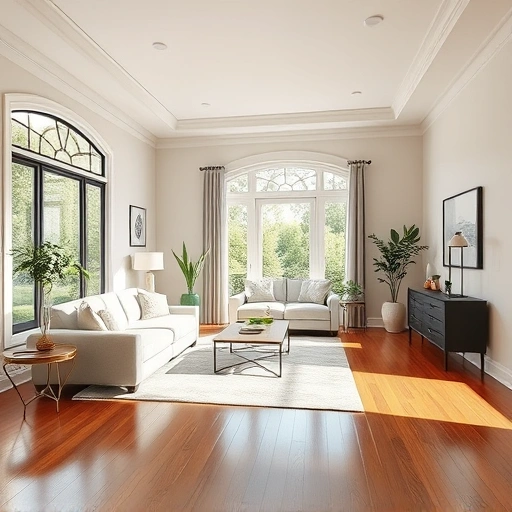 Spacious living room in Garland TX with neutral walls, elegant crown molding, and warm wooden flooring.
