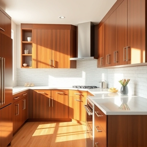 Stunning kitchen in Garland TX with elegant glazed cabinets, polished stone countertop, and warm hardwood flooring.