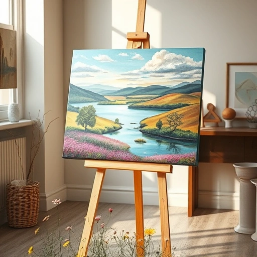 Completed painting in Royse City TX showcasing vibrant landscape with hills, lake, wildflowers and elegant framing.