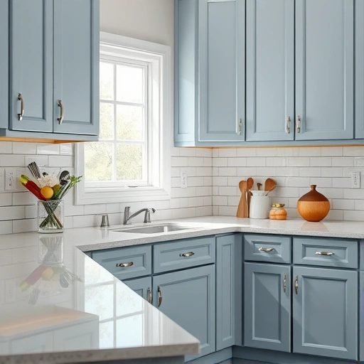 Beautifully painted kitchen cabinets in The Colony, TX, with muted blues, whites, and polished subway tile backsplash.